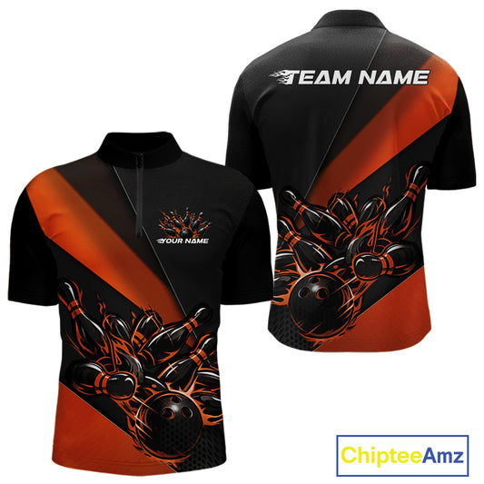 Front and back view mockup of a men’s quarter zip shirt in black and orange with a flame bowling ball knocking down pins, presented as a clean apparel display.