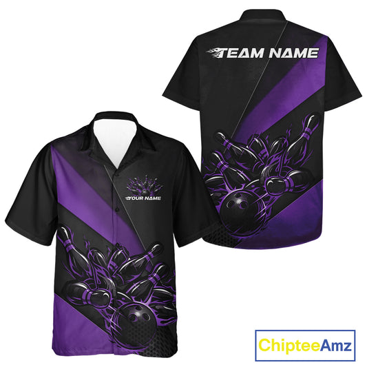 Front and back view of a black and purple button-up bowling shirt mockup featuring flame bowling ball and pins design with bold sporty styling.