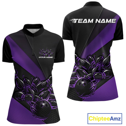 Womens quarter zip bowling shirt mockup, black and purple colorway with flaming bowling ball striking pins energetic artwork