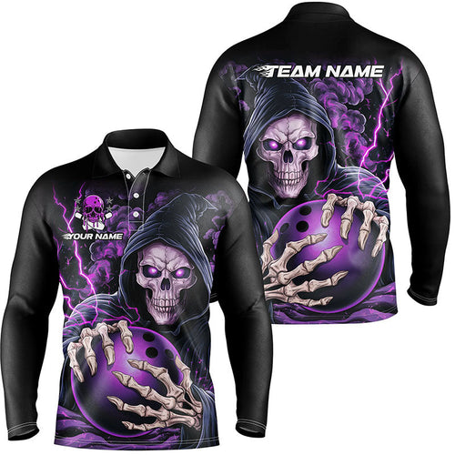 Custom Purple Skull Bowling Long Sleeve Polo Shirts For Men, Halloween Bowling Team Shirts IPHW6799