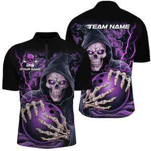 Custom Purple Skull Bowling Quarter Zip Shirts For Men, Personalized Halloween Bowling Team Shirts IPHW6799