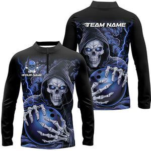 Custom Blue Skull Bowling Long Sleeve Quarter Zip Shirts For Men, Halloween Bowling Team Shirts IPHW6800