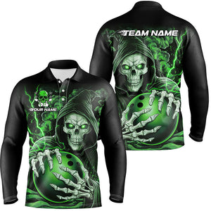 Custom Green Skull Bowling Long Sleeve Polo Shirts For Men, Halloween Bowling Team Shirts IPHW6801