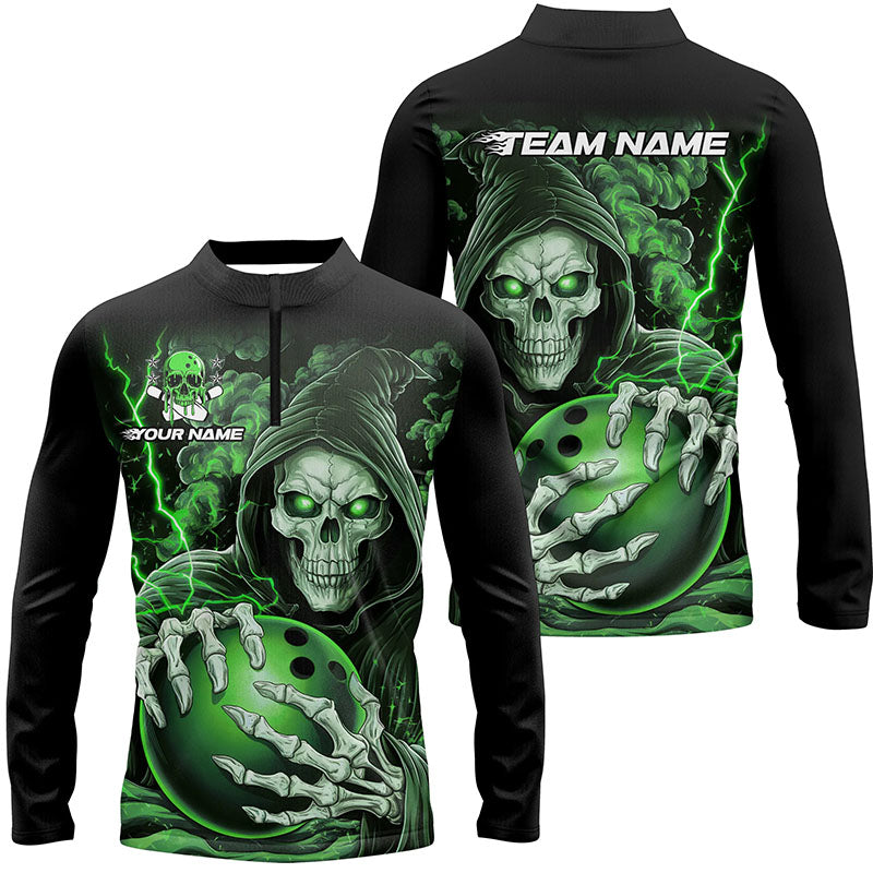 Custom Green Skull Bowling Long Sleeve Quarter Zip Shirts For Men, Halloween Bowling Team Shirts IPHW6801