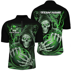 Custom Green Skull Bowling Quarter Zip Shirts For Men, Personalized Halloween Bowling Team Shirts IPHW6801