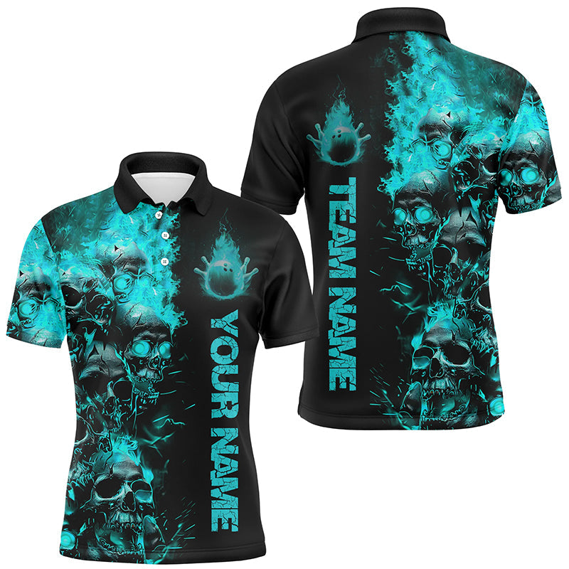 Custom Blue Flame Skull Bowling Shirts For Men, Halloween Bowling Outfits For Bowling Team IPHW7170