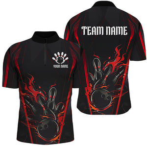 Black And Red Flame Custom Bowling Shirts For Men, Bowling League Shirt Team Jerseys IPHW7174