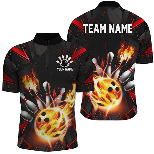 Red And Black Custom Flame Bowling Shirts For Men, Custom Bowling Team Shirts Outfits IPHW7177
