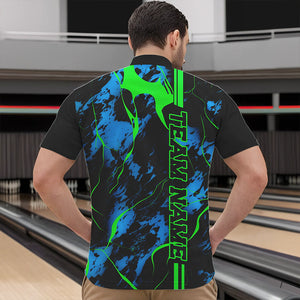 Black, Green And Blue Strike Bowling Quarter Zip Shirts, Custom Mens Bowling Team Shirts IPHW5263