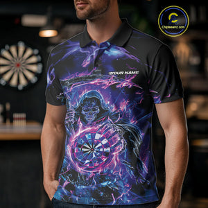 Custom Blue, Purple And Pink Grim Reaper Skull Dart Men Polo Shirt, Halloween Team Outfit IPHW10040