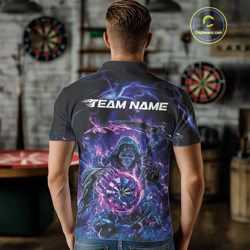 Custom Blue, Purple And Pink Grim Reaper Skull Dart Men Polo Shirt, Halloween Team Outfit IPHW10040