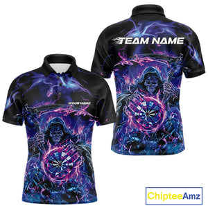 Custom Blue, Purple And Pink Grim Reaper Skull Dart Men Polo Shirt, Halloween Team Outfit IPHW10040