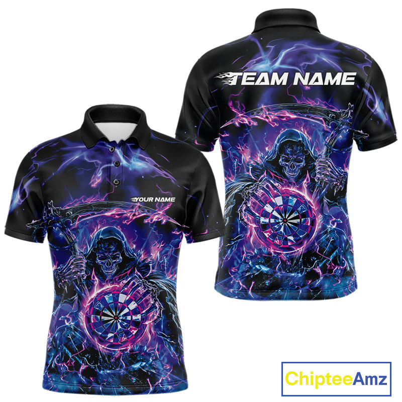 Custom Blue, Purple And Pink Grim Reaper Skull Dart Men Polo Shirt, Halloween Team Outfit IPHW10040