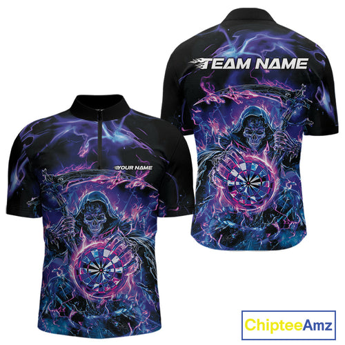Custom Blue, Purple And Pink Grim Reaper Skull Dart Men Quarter-Zip Shirt, Halloween Team Outfit IPHW10040