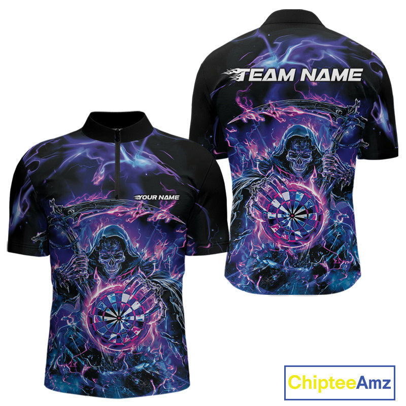 Custom Blue, Purple And Pink Grim Reaper Skull Dart Men Quarter-Zip Shirt, Halloween Team Outfit IPHW10040