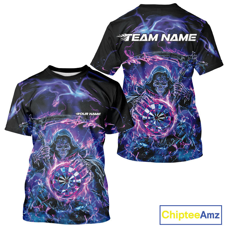 Custom Blue, Purple And Pink Grim Reaper Skull Dart Men T-Shirts, Halloween Team Outfit IPHW10040
