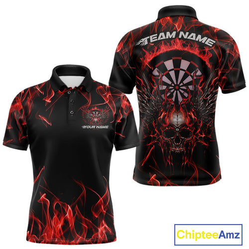Custom Red Orange Flame Skull With Wings Dart Polo Shirt For Men, Halloween Dart Outfit IPHW10041