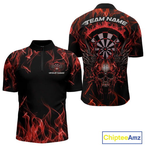 Custom Red Orange Flame Skull With Wings Dart Quarter-Zip Shirt For Men, Halloween Dart Outfit IPHW10041