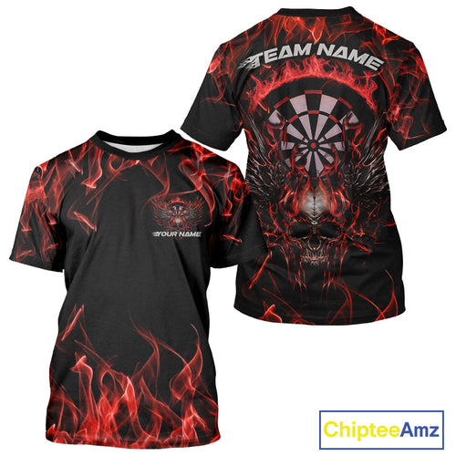 Custom Red Orange Flame Skull With Wings Dart T-Shirts For Men, Halloween Dart Outfit IPHW10041