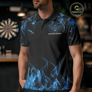Custom Blue Flame Skull With Wings Dart Polo Shirt For Men, Halloween Dart Outfit IPHW10042