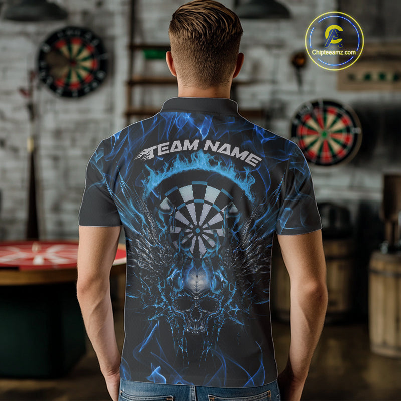 Custom Blue Flame Skull With Wings Dart Polo Shirt For Men, Halloween Dart Outfit IPHW10042