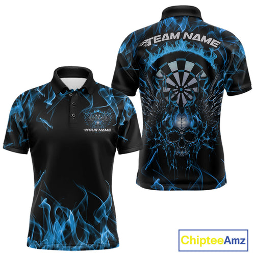 Custom Blue Flame Skull With Wings Dart Polo Shirt For Men, Halloween Dart Outfit IPHW10042