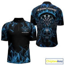 Load image into Gallery viewer, Custom Blue Flame Skull With Wings Dart Quarter-Zip Shirt For Men, Halloween Dart Outfit IPHW10042