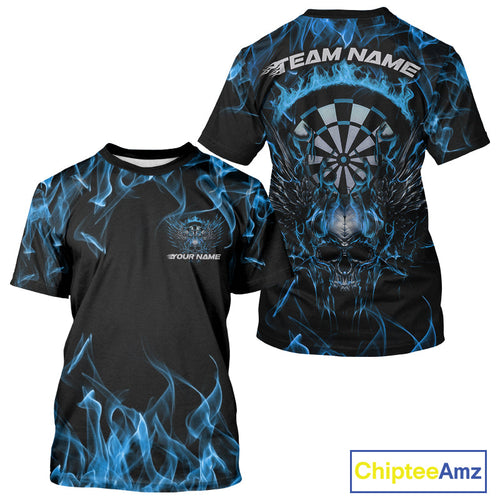 Custom Blue Flame Skull With Wings Dart T-Shirts For Men, Halloween Dart Outfit IPHW10042
