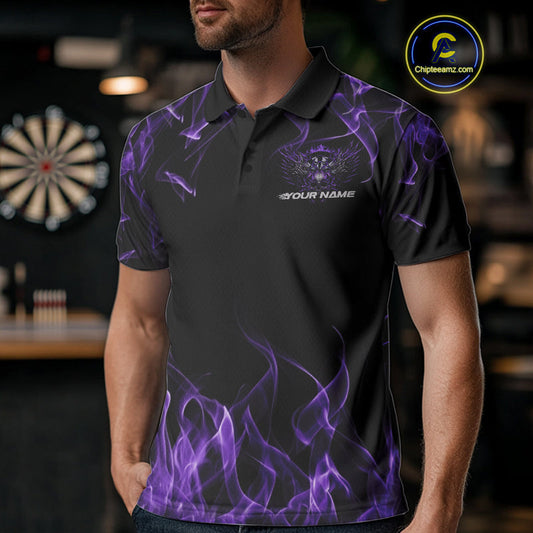 Custom Purple Flame Skull With Wings Dart Polo Shirt For Men, Halloween Dart Outfit IPHW10043