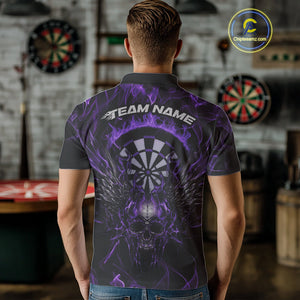 Custom Purple Flame Skull With Wings Dart Polo Shirt For Men, Halloween Dart Outfit IPHW10043