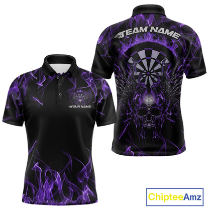 Custom Purple Flame Skull With Wings Dart Polo Shirt For Men, Halloween Dart Outfit IPHW10043