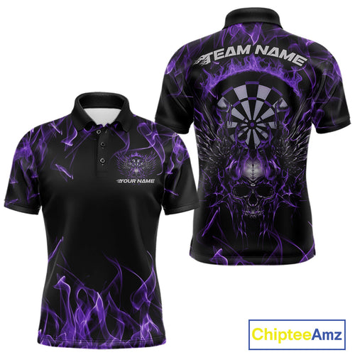 Custom Purple Flame Skull With Wings Dart Polo Shirt For Men, Halloween Dart Outfit IPHW10043