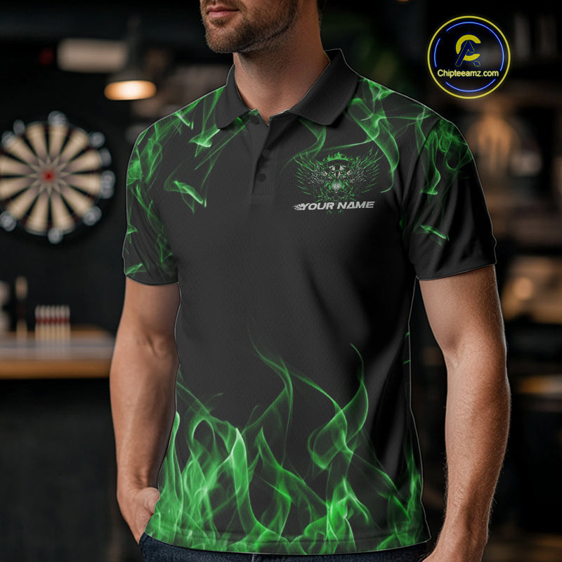 Custom Green Flame Skull With Wings Dart Polo Shirt For Men, Halloween Dart Outfit IPHW10044