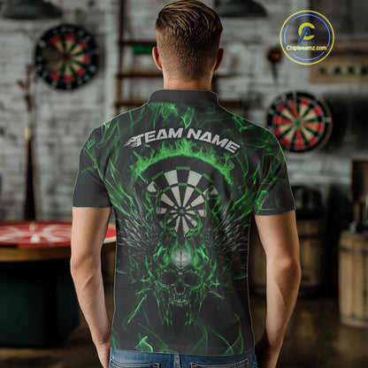 Custom Green Flame Skull With Wings Dart Polo Shirt For Men, Halloween Dart Outfit IPHW10044