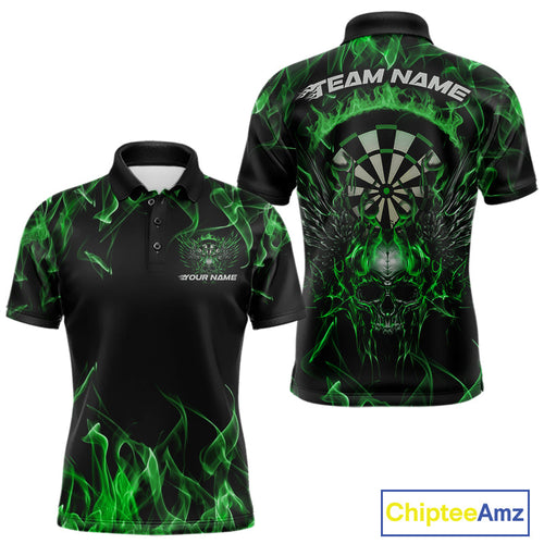 Custom Green Flame Skull With Wings Dart Polo Shirt For Men, Halloween Dart Outfit IPHW10044