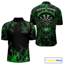 Load image into Gallery viewer, Custom Green Flame Skull With Wings Dart Quarter-Zip Shirt For Men, Halloween Dart Outfit IPHW10044