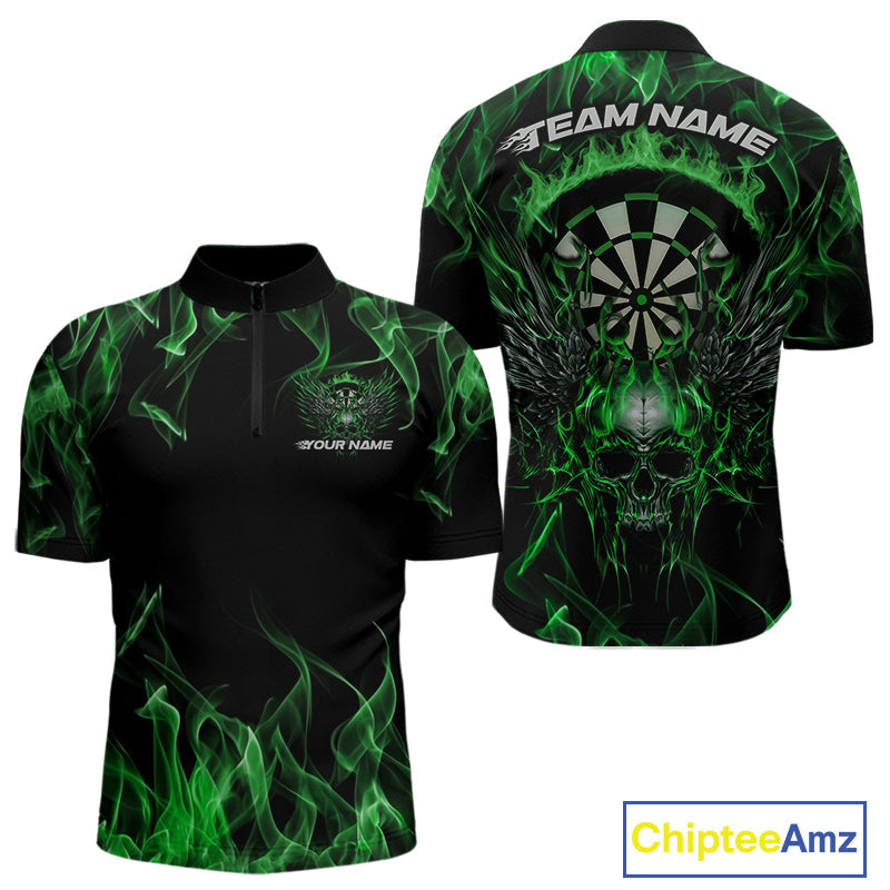 Custom Green Flame Skull With Wings Dart Quarter-Zip Shirt For Men, Halloween Dart Outfit IPHW10044
