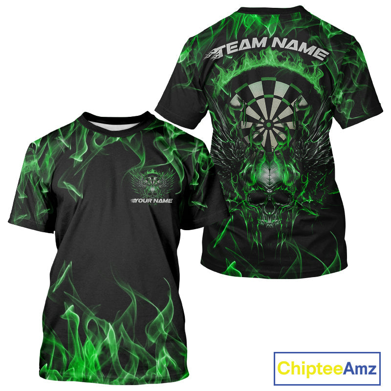 Custom Green Flame Skull With Wings Dart T-Shirts For Men, Halloween Dart Outfit IPHW10044