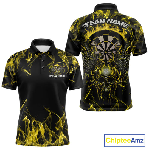 Custom Yellow Flame Skull With Wings Dart Polo Shirt For Men, Halloween Dart Outfit IPHW10045