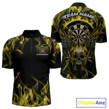 Load image into Gallery viewer, Custom Yellow Flame Skull With Wings Dart Quarter-Zip Shirt For Men, Halloween Dart Outfit IPHW10045