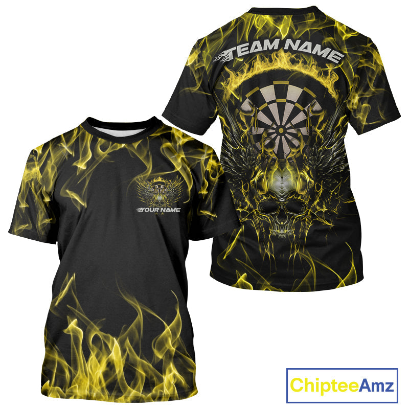 Custom Yellow Flame Skull With Wings Dart T-Shirts For Men, Halloween Dart Outfit IPHW10045