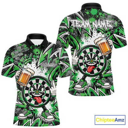 Custom Green Graffiti Funny Dartboard And Beer Dart Team Men Polo, Dart League Shirt IPHW12667