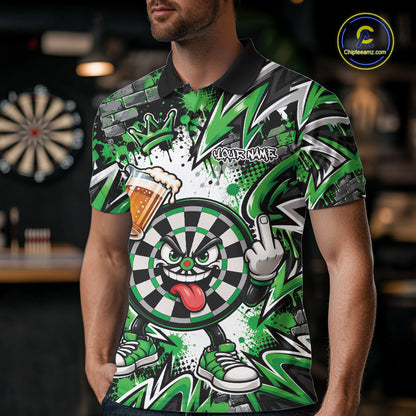 Custom Green Graffiti Funny Dartboard And Beer Dart Team Men Polo, Dart League Shirt IPHW12667