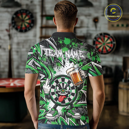 Custom Green Graffiti Funny Dartboard And Beer Dart Team Men Polo, Dart League Shirt IPHW12667