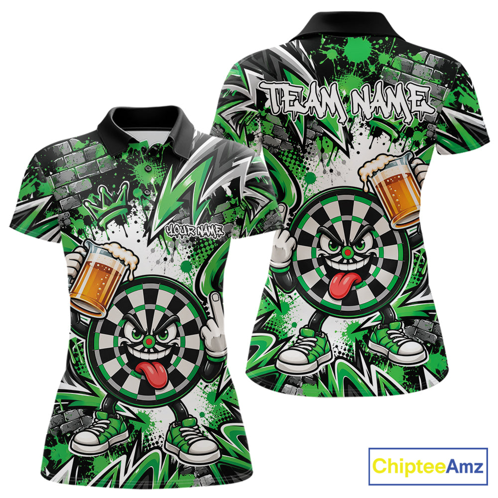 Custom Green Graffiti Funny Dartboard And Beer Dart Team Women Polo, Dart League Shirt IPHW12667