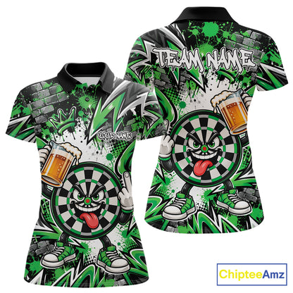 Custom Green Graffiti Funny Dartboard And Beer Dart Team Women Polo, Dart League Shirt IPHW12667