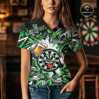 Custom Green Graffiti Funny Dartboard And Beer Dart Team Women Polo, Dart League Shirt IPHW12667