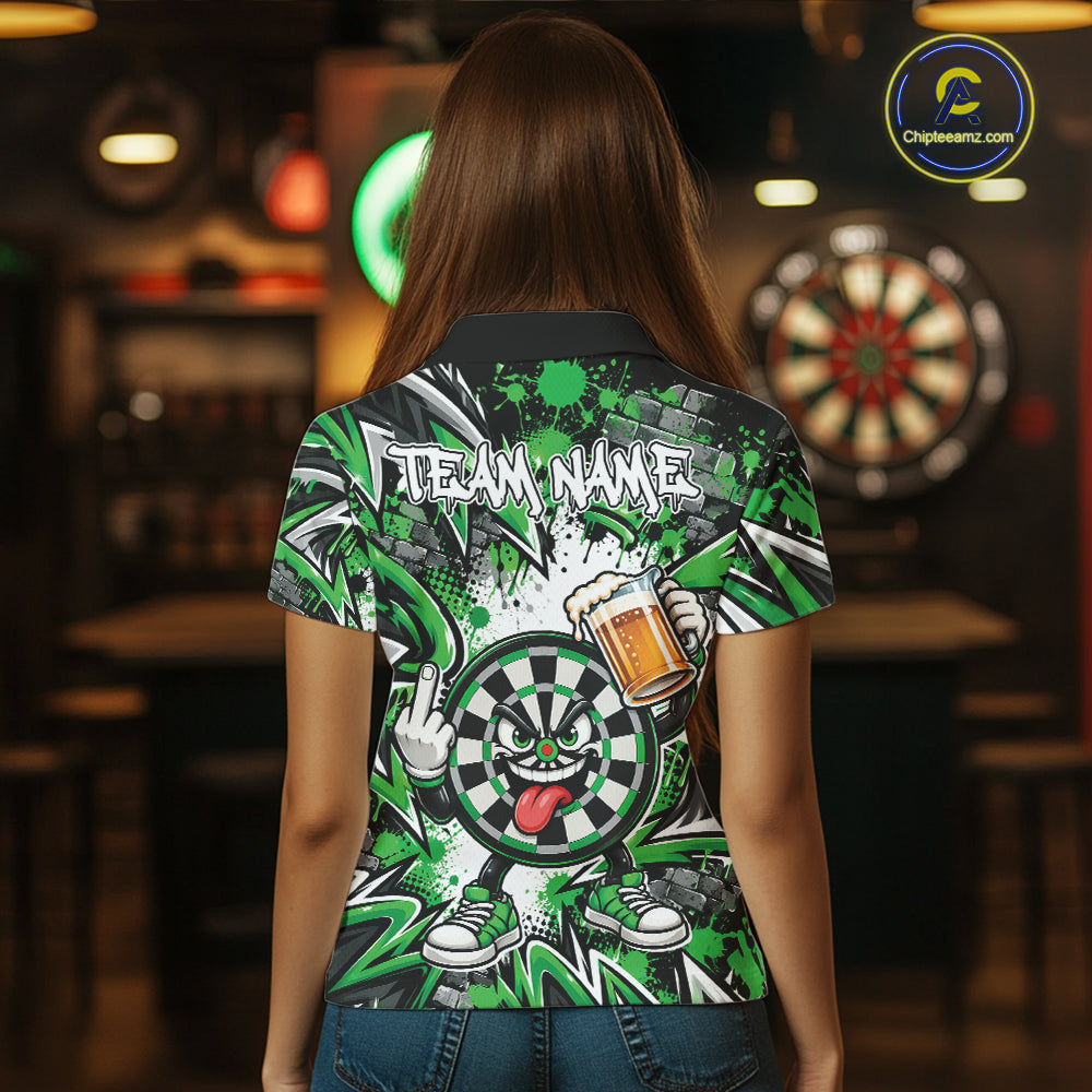 Custom Green Graffiti Funny Dartboard And Beer Dart Team Women Polo, Dart League Shirt IPHW12667