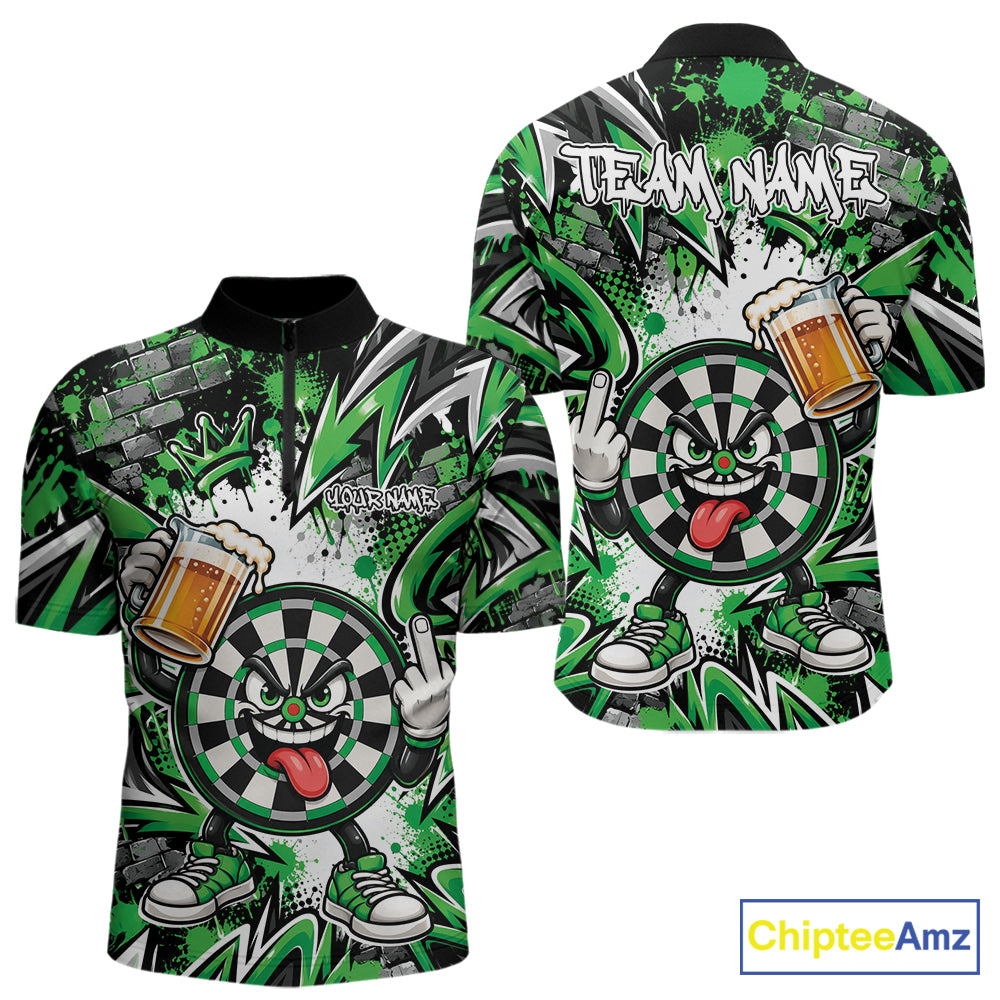 Custom Green Graffiti Funny Dartboard And Beer Dart Team Men Quarter Zip, Dart League Shirt IPHW12667