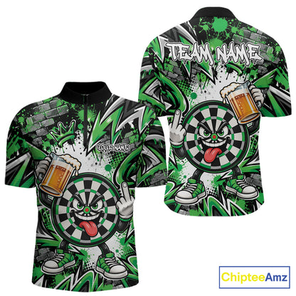 Custom Green Graffiti Funny Dartboard And Beer Dart Team Men Quarter Zip, Dart League Shirt IPHW12667